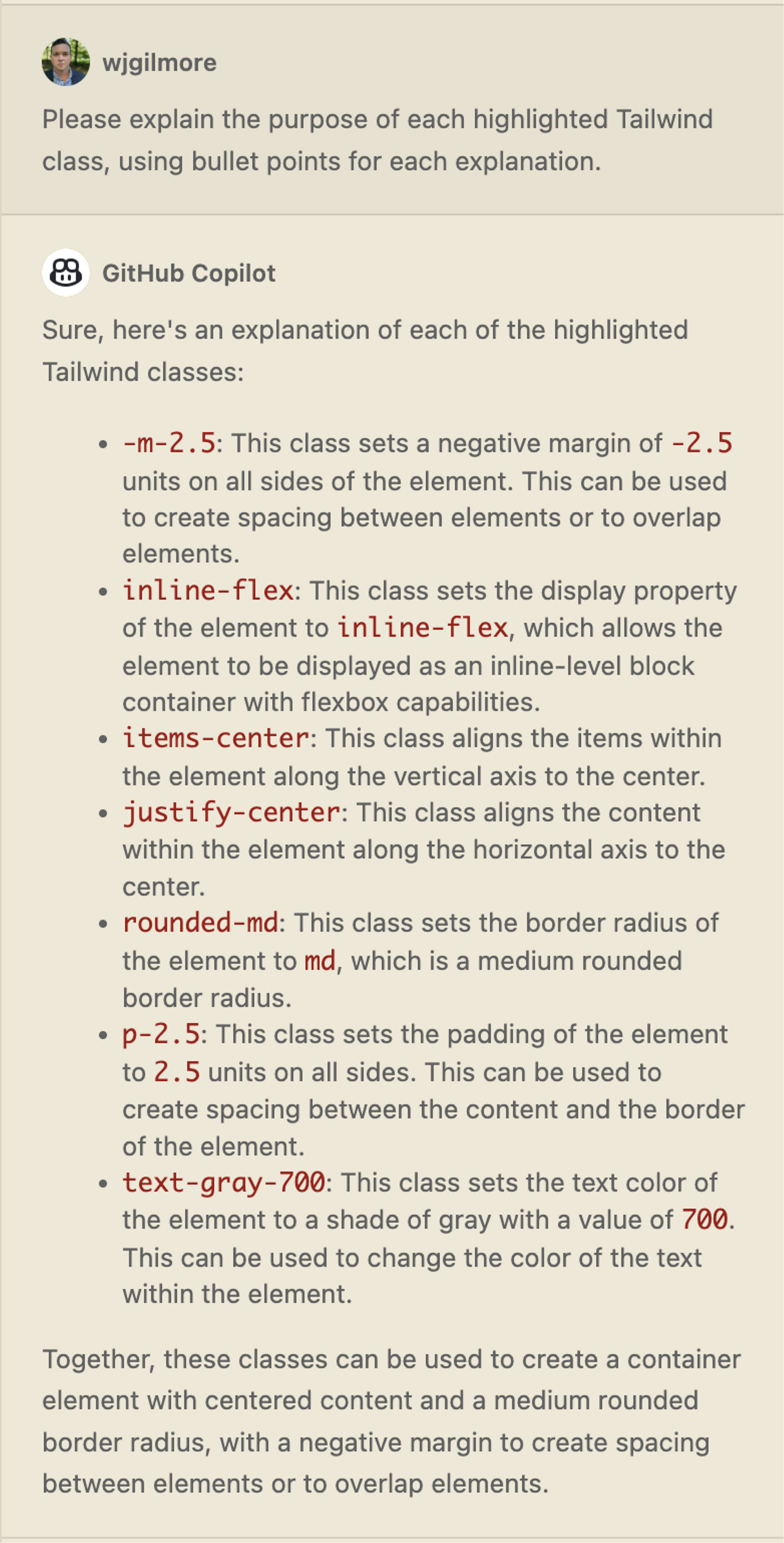 Explaining Tailwind with Copilot chat